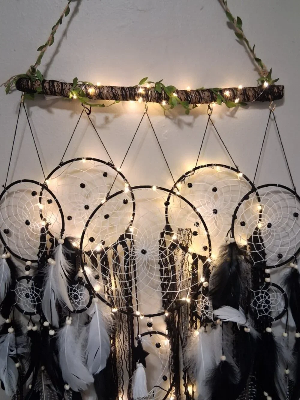 🖤✨ Raven’s Whispering Veil – 5 Ring Dreamcatcher with LED Lights ✨🖤